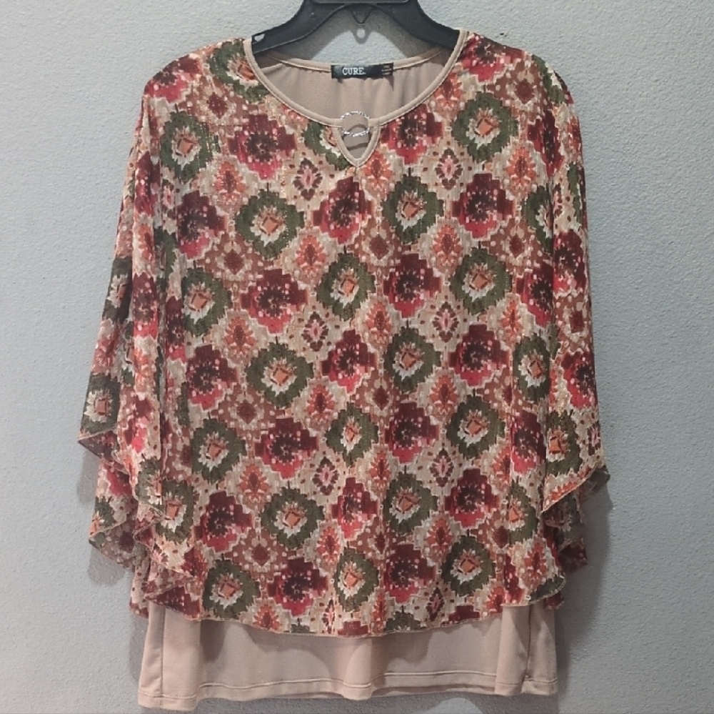Boxy Pink and Orange Blouse with 3/4 Sleeves Used